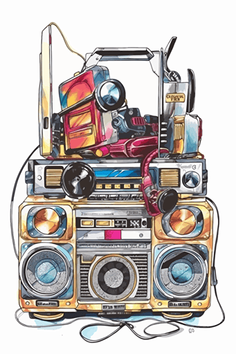 watercolor vector art, Boombox, inspired by Japanese color palettes, white background, depth, detailed