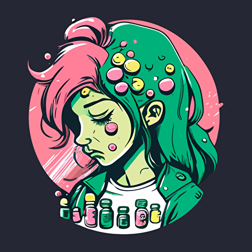 vector,pink,green,girl,holding pills in hands,depressed,sad,crying
