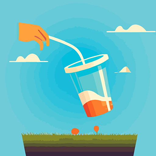 2d vector illustration, a hand dropping a translucent cup into a trash receptacle, the cup is floating in mid air towards the receptacle, no straw, grass, blue sky, wrist band, signage