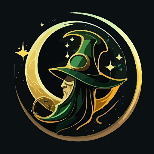 a stylish vector logo with a moon and a wizard hat, golden and green