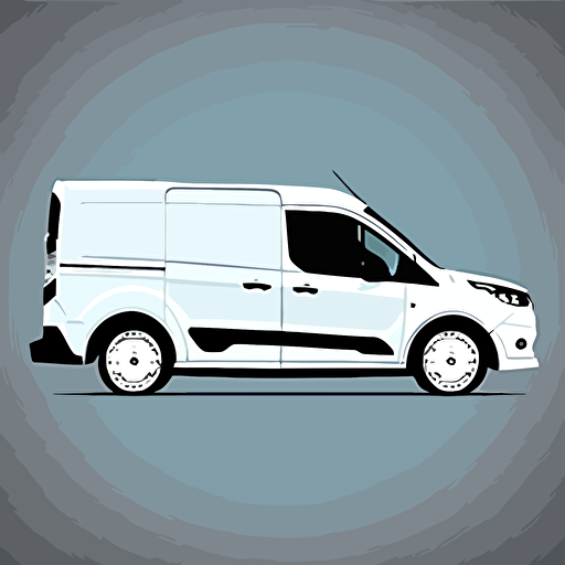 silhoette of ford transit connect, white color, gray background, blue highlights, simple design, vector cartoon style, white outline over silhouette