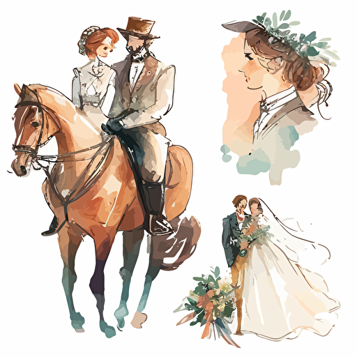 vector illustrations ,very cute wedding illustrations clipart set,beautiful newlyweds riding a horse, on a white background separate elements with a margin, watercolors , husband and wife on their wedding day riding a horse together , love
