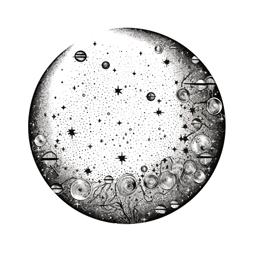 vector moon phase design with stars line drawing super detailed on white background