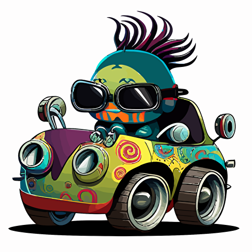 a very cute baby friendly alien cholo wearing very big sunglasses driving a low rider Volkswagen Beetle ,vector, cartoon, bright graffiti colors
