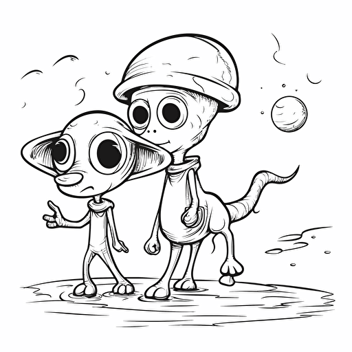 alien walking his alien dog, cartoon, coloring page, vector, simple