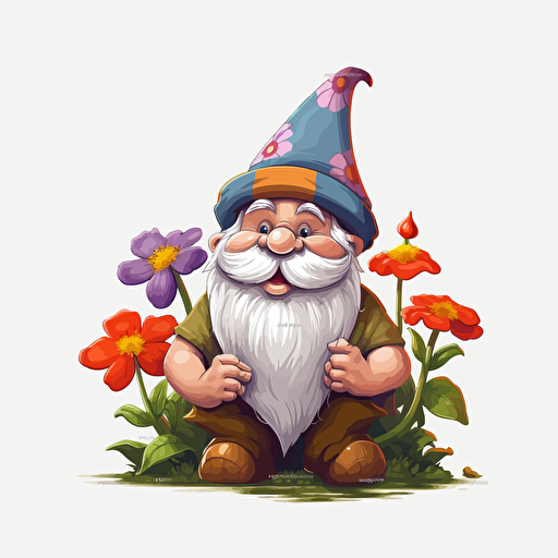 cute gnome, flowers, detailed, cartoon style, 2d clipart vector, creative and imaginative, hd, white background