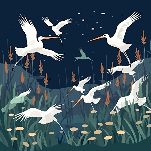 Flat vector illustration, a flock of white storks flying to the bamboo garden to spend the night, using appropriate colors