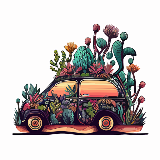 a picture of the side of a cute doodle car which is stuffed with colorful houseplants which are coming out of top and sides, vector drawing, highly detailed on a white background