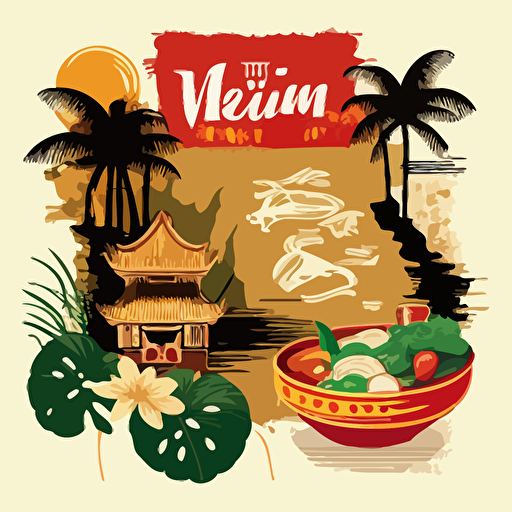a tourism advertisement for vietnam , featuring elements of vietnamese culture in one composition, clip art, vector
