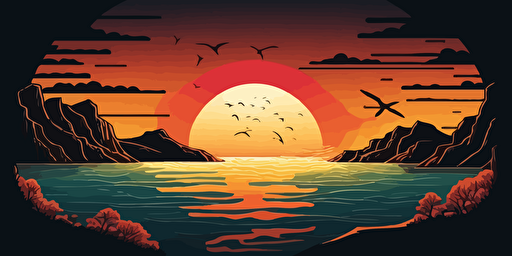 Beautiful summer sunset in vector illustration, sea level,