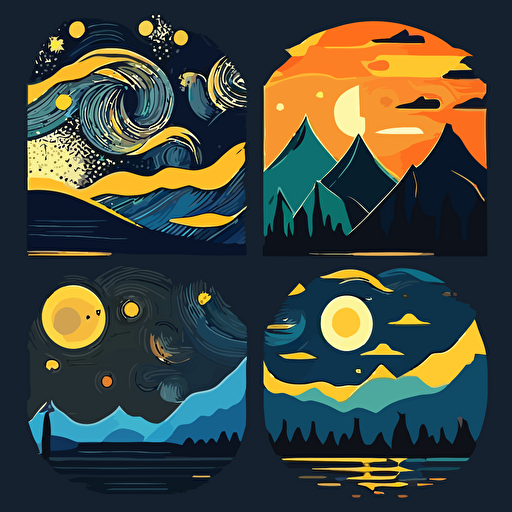 Create a flat design interpretation of Van Gogh's "The Starry Night," using simple shapes and a limited color palette in a vector art style.