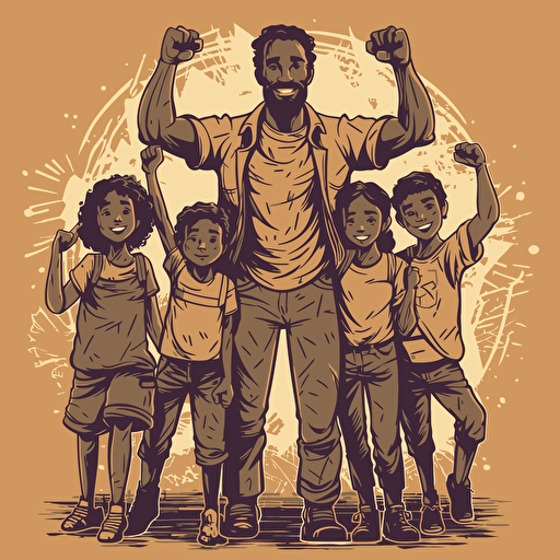 vector art, rustic style, man with arms up flexing biceps, kids hanging off his arms