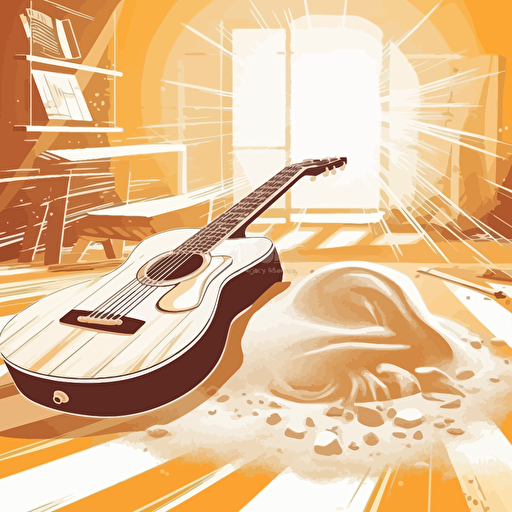 guitar lies next to a pile of flour, positive, sunny, bright, music studio in the background, stylization vector