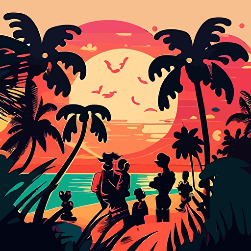 Disney cartoon style, lo-fi art illustration, party in Hawaii at sunset, contrast colors, shadows, good vibes, happy, tropical, vector,