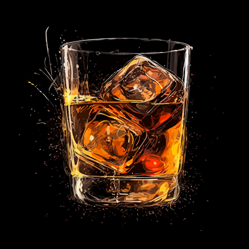 old fashioned cocktail,whiskey glass,Black background, abstract paiting,vector,high detail
