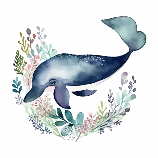 whale, detailed, cartoon style, 2d watercolor clipart vector, creative and imaginative, floral, hd, white background