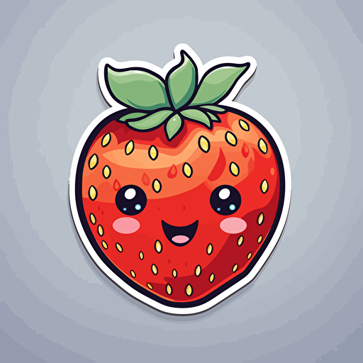 sticker, cute and happy ripe strawberry, kawaii, contour, vector, white border, gray background