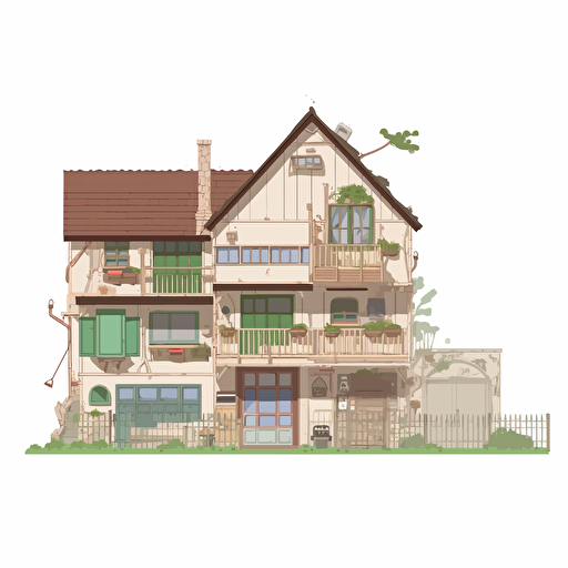 Ghibli style, Half of house is rundown, other half is fixed up, house is center frame, vector animation, white background, film grain