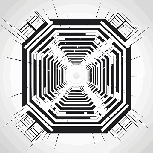 a black and white vector on a solid white background with strong contrast, a portal in the middle of geoetric boarder