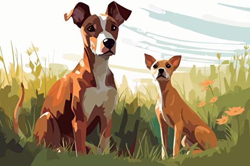 a fawn Great Dane and a Jack Russell terrier, in a grass lawn, vector art style,