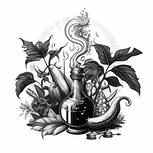 black and white vector illustration of a bunch of bananas and a magic potion day time