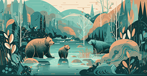 vector illustration of water and bears in a river, in the style of light teal and light brown, animated gifs, eclectic collages, playful and whimsical depictions of animals
