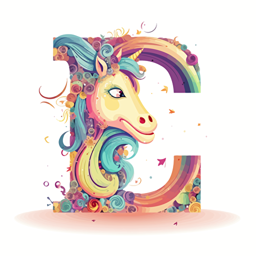 The letter "e" made from logo, with unicorn ,smily, vector style, cartoon, mandalacolor,white background,2d