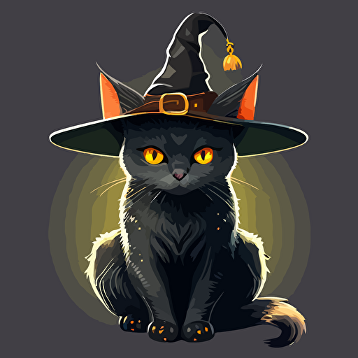 illustration of a cute black cat with yellow eyes, digital art, high quality. cat wearing a witch hat comic style vector