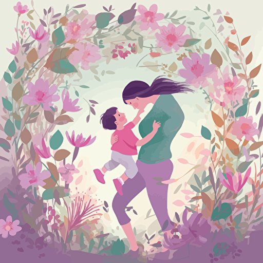 Children’s artwork, a mom lifting her kid, pink and purple flowers, green leaves, low detail, lots of depth, pastel colors, vector
