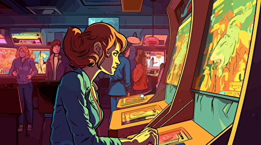 Cartoonish illustration of a mom completely absorbed in playing a mini Pac-Man arcade game, kids in the background trying to get her attention, vibrant colors, humorous scene, exaggerated expressions, Adobe Illustrator, vector art, fun and lighthearted atmosphere
