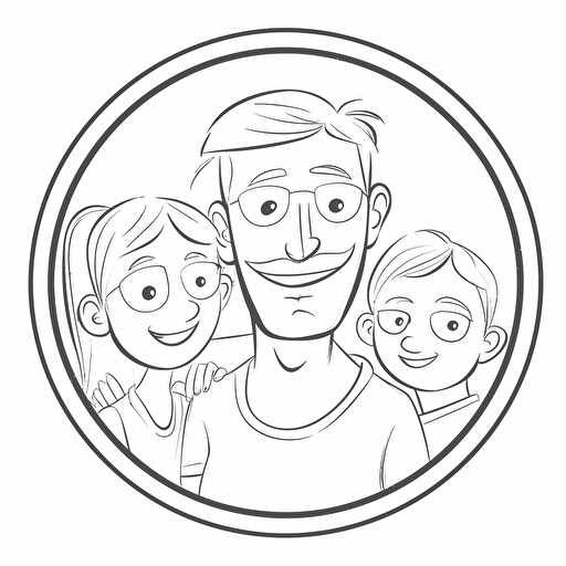 a black and white logo for fathers day, 2d, shall contain a father and two kids, a 5 year boy and a 11 year girl, all shall smile and be happy, shall look into the camara, shall apeal to fathers, vector art, no gradients