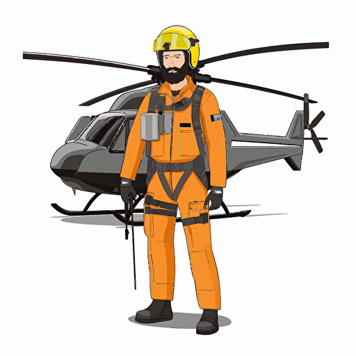 man with beard in a helicopter uniform and wearing a helmet standing in front of a helicopter. vector. white background. no background
