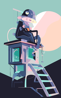 whimsical flat vector illustration of a cyberpunk alien sitting on the roof of a broken down space-vehicle, pastel colour