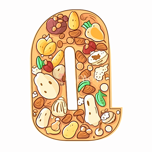 A cute cartoon number 1 built out of Almond, Cashew, Cod, Egg, Hazelnut, Milk, Oat, and Peanut representations, whimsical, cheerful, bright and colorful, vector, contour, white background