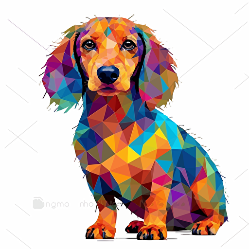 low res, colorful tiled daschund dog, vector art, white background