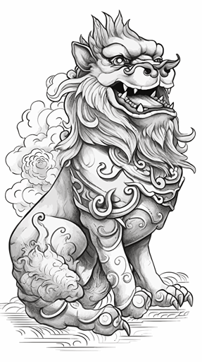 vector created in Adobe Illustrator of a shisa guardian lion-dog, black line work, no color, side view, white background