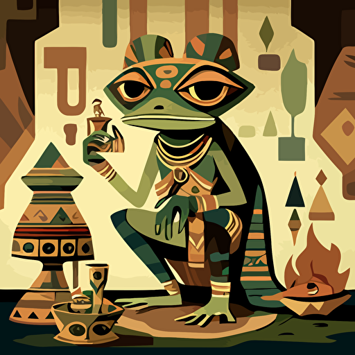 Inspired by the Cubist style, design a vector illustration of KEK (in his frog form similar to Pepe the Frog) participating in a traditional Egyptian ceremony. Set the scene using geometric shapes and a limited color palette in an ancient Egyptian setting. KEK observes the ceremony with curiosity.
