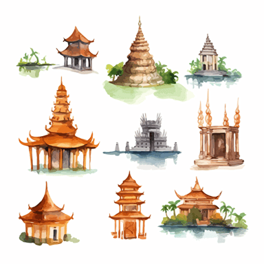 thailand,vector watercolor ,element,Games Asset,sprite sheet,white background