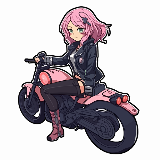 skinny pink haired manga girl riding a motorcycle, flat style, black, pink, sticker, vector style