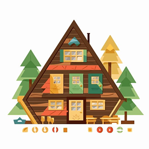 cabin made from board game elements, flat 2d logo:3, white background, vector