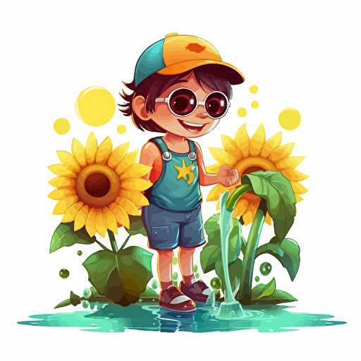 A child happily watering a vibrant sunflower in a lush garden, sunflower smiles, sunflower wears sunglasses, vector logo design