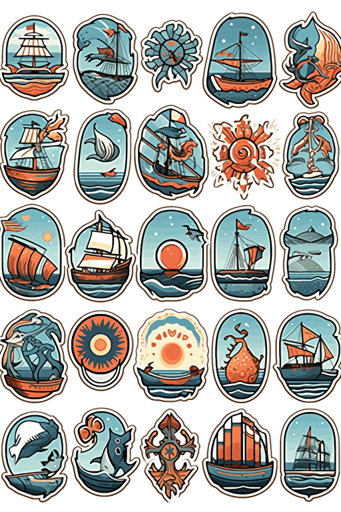 collection of stickers with outline, vector design, marine elements, boats, anchor, sea shells, crab, sun, minimalistic style, white background