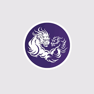 Create a simple vector logo featuring a Chinese dragon and a Chinese lion dancer. The dragon should be colored in shades of black and purple, with white accents to give it a sleek and modern look. The lion dancer should be in white, with accents of purple and black to match the dragon. The logo should have a clean and minimalist design, with a white background to make the colors stand out.