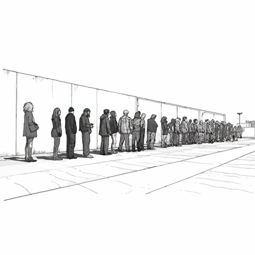 people standing shouting line vector drawing wide shot, wider frame ,wide lensing