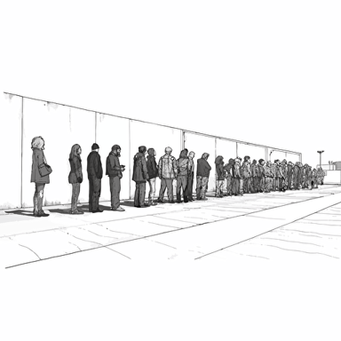 people standing shouting line vector drawing wide shot, wider frame ,wide lensing
