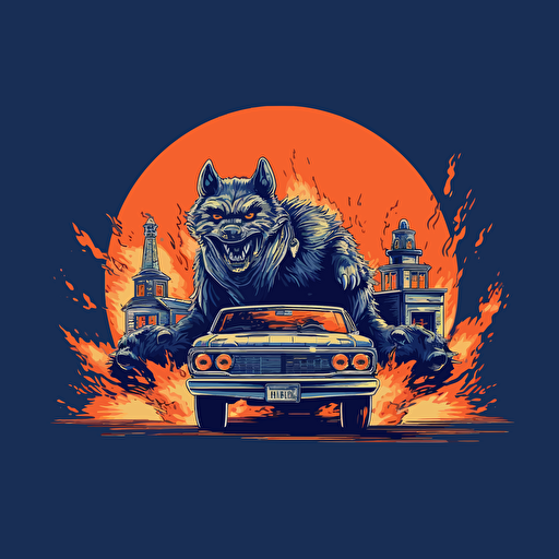 a clean vector design of a burning police car surrounded by werewolves