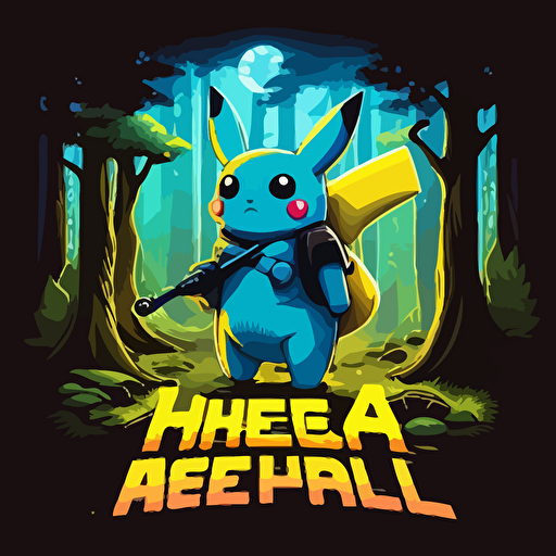 a logo design with pikachu with a blue lightsaber in a forest on a alien planet, vector art, simple, bright colors