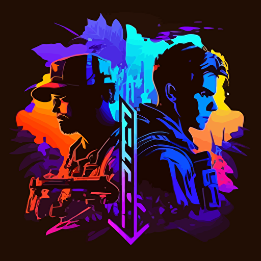 an emblem for an esports gaming tournament with two silhouettes of gamers, weapons, video games, neon, FPS, fortnite, among us, 1v1, youtube, twitch, mrbeast, silhouettes, flat, vector no photorealism, no faces