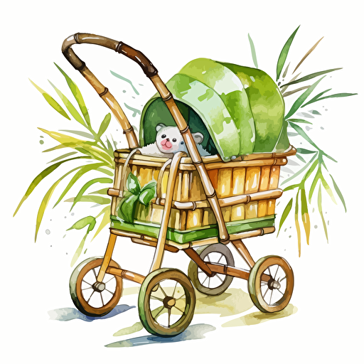 watercolor design of super cute bamboo baby pram, detailed, vector