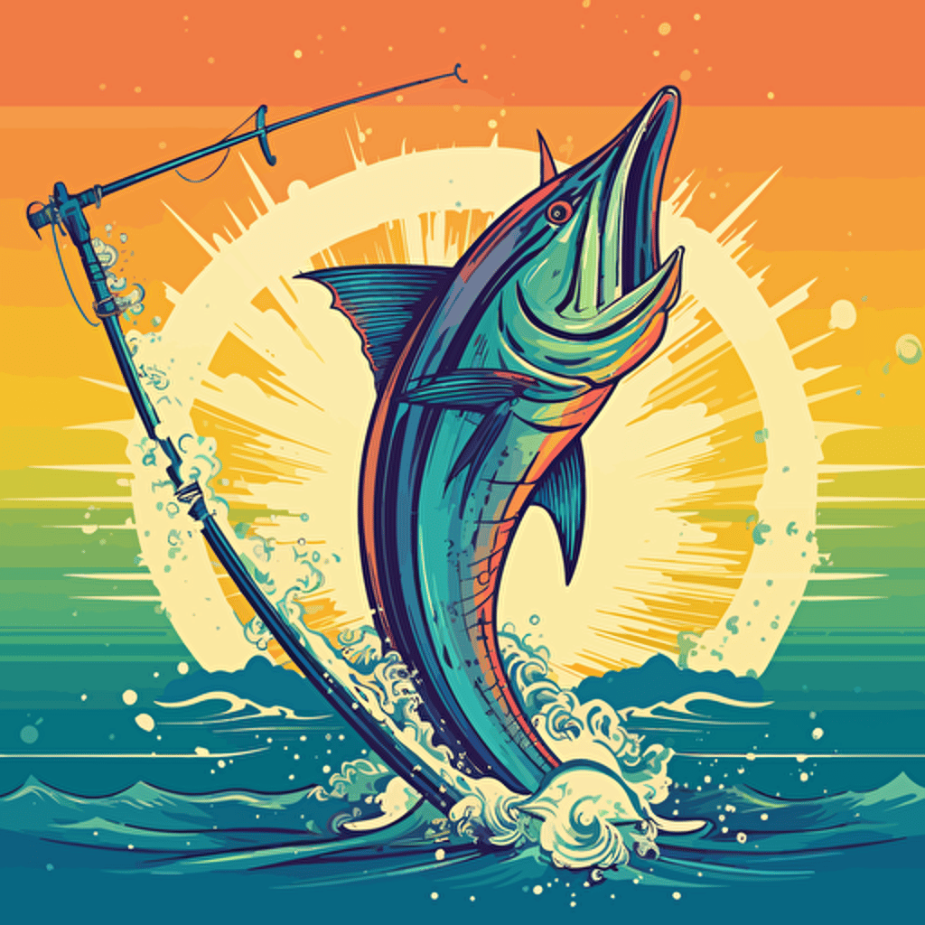 Vector Illustration of a big sword fish leaping out of the ocean on a fishing hook in vibrant colors with skyline background